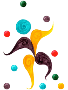 Stylised image of a juggler losing their balance while some multi-coloured balls drop and bounce around them.